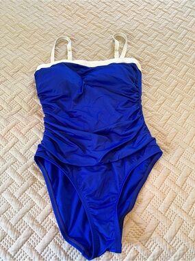 Liz Claiborne Women's Blue & White Solid One-Piece Swimsuit Stretch Lined Sz 10